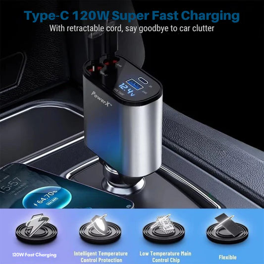 PowerX™ 4 in 1 Retractable car charger | Retracts cables instantly, stay mess-free
