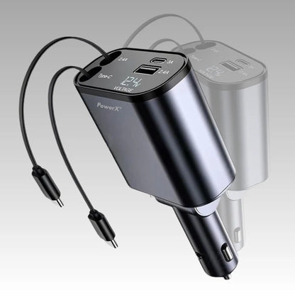 PowerX™ 4 in 1 Retractable car charger | Retracts cables instantly, stay mess-free