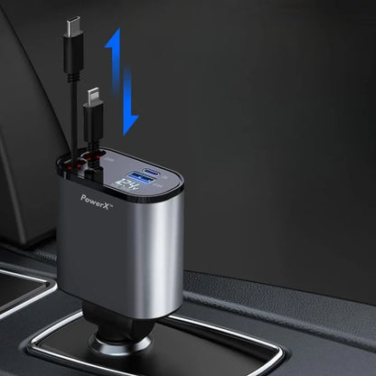 PowerX™ 4 in 1 Retractable car charger | Retracts cables instantly, stay mess-free
