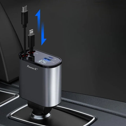 PowerX™ 4 in 1 Retractable car charger | Retracts cables instantly, stay mess-free